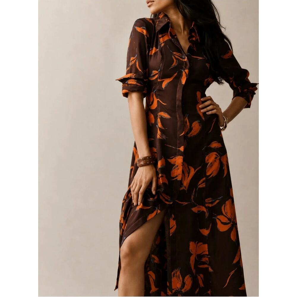 New! Anthropologie Exquise Long-Sleeve Satin Shirtdress, size S - Picture 2 of 15